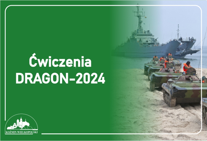 napis "ćwiczenia dragon-2024", czołgi na plaży, za nimi okręt wojenny